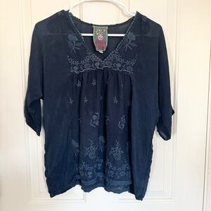 Johnny Was Navy Blue Embroidered Short Sleeve Top